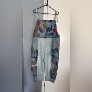 Monthorigin Overalls Womens Blue Floral Print Bibs Denim Distressed Crop